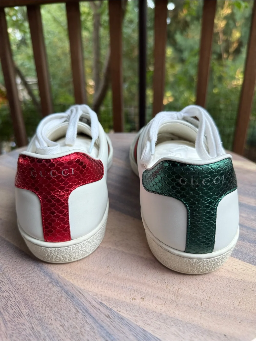 Gucci White Leather Ace Sneakers with Red & Green Web and Snake Embroidery